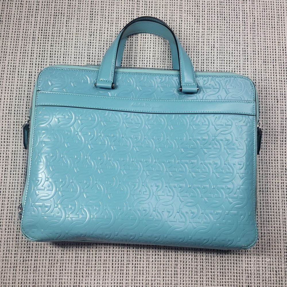 Salvatore Ferragamo Gancini Laptop Bag Womens Large Turquoise Leather Embossed